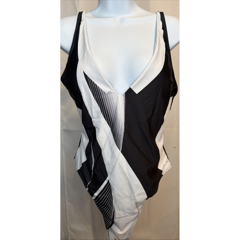 Women's XL Black White Geometric One Piece Swimsuit Plunge Neck Swimwear